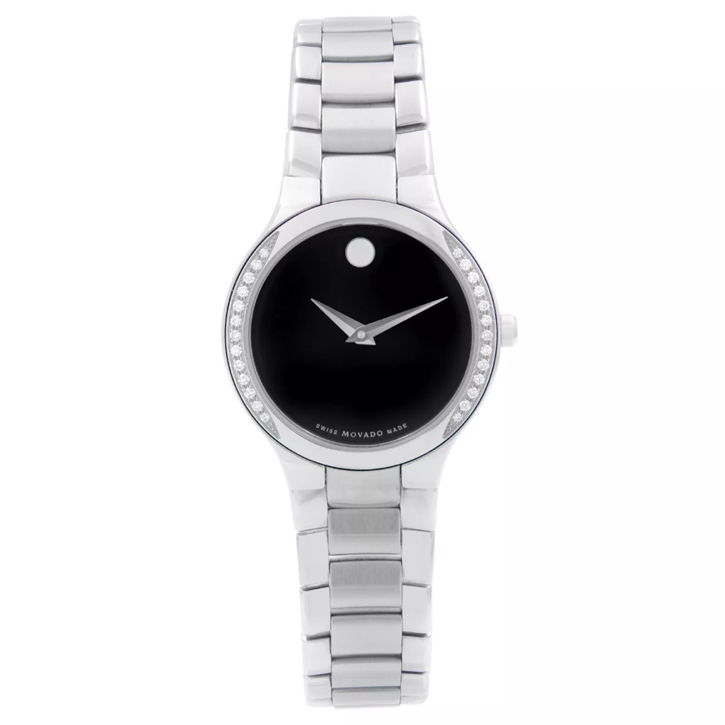 Movado Serio 26mm Steel Diamond Bezel Black Dial Quartz Ladies Watch 0606385